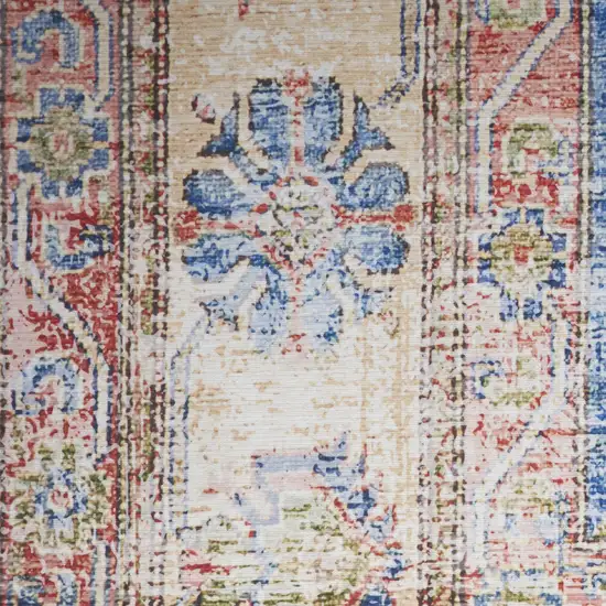 8' Ivory Red and Blue Oriental Distressed Non Skid Runner Rug Photo 5