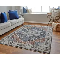 Photo of 10' Ivory Red and Blue Oriental Power Loom Runner Rug With Fringe