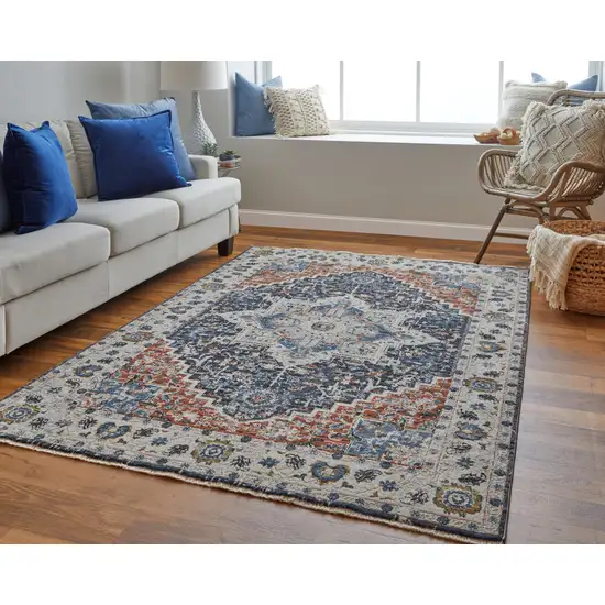 10' Ivory Red and Blue Oriental Power Loom Runner Rug With Fringe Photo 5