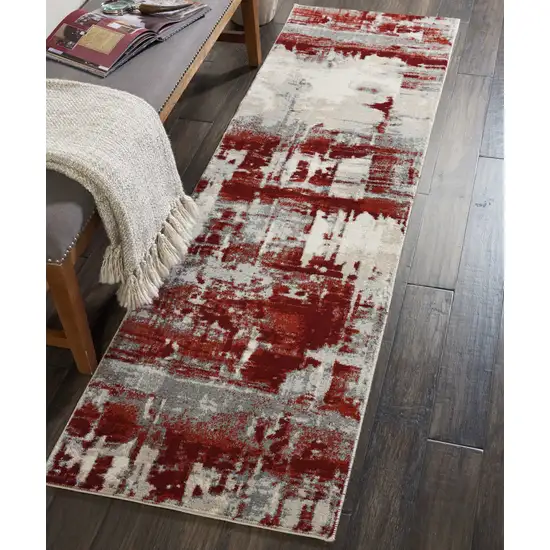 8' Ivory Red and Gray Abstract Non Skid Runner Rug Photo 8