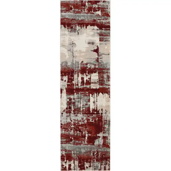 8' Ivory Red and Gray Abstract Non Skid Runner Rug Photo 2