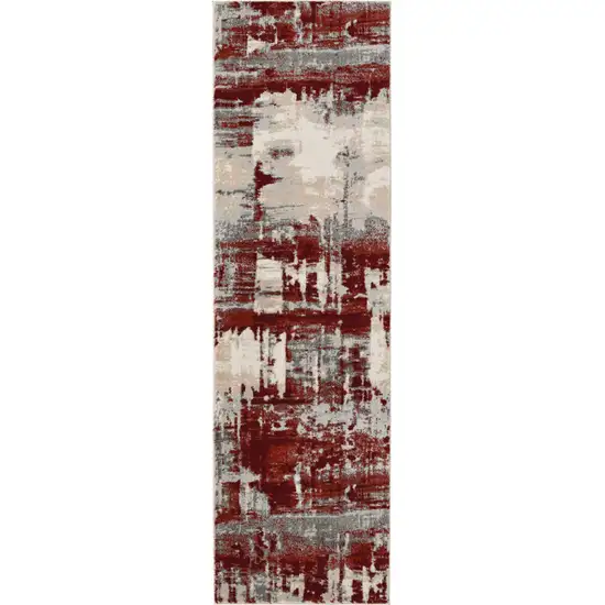 8' Ivory Red and Gray Abstract Non Skid Runner Rug Photo 7