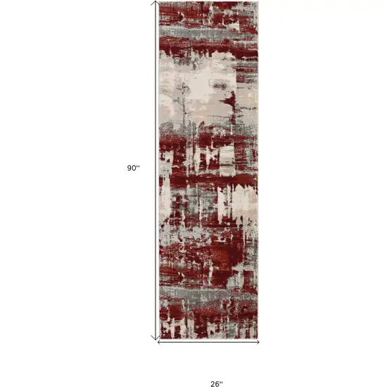 8' Ivory Red and Gray Abstract Non Skid Runner Rug Photo 3