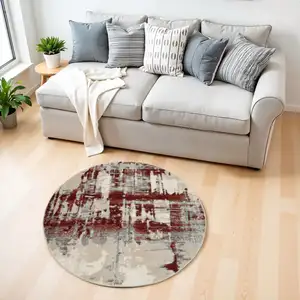 Photo of 4' Ivory Red and Gray Abstract Round Rug