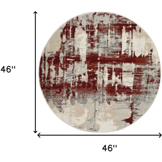 4' Ivory Red and Gray Abstract Round Rug Photo 3