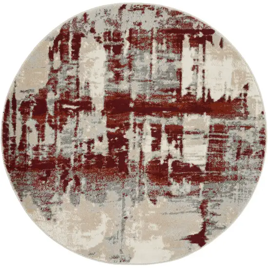 4' Ivory Red and Gray Abstract Round Rug Photo 2