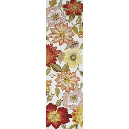 8' Ivory Red and Orange Botanical Leaves Runner Rug Photo 4