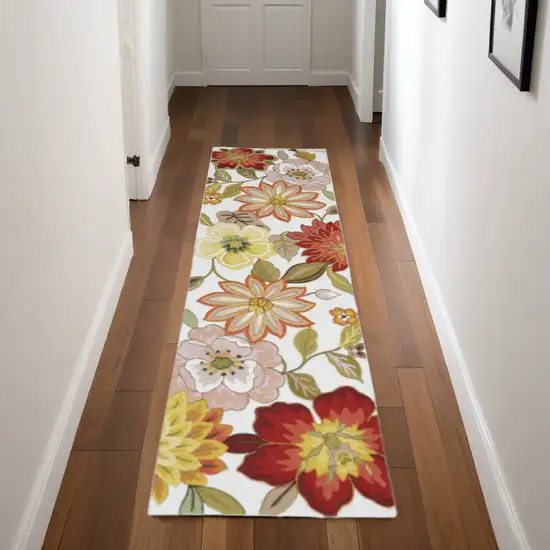 8' Ivory Red and Orange Botanical Leaves Runner Rug Photo 1