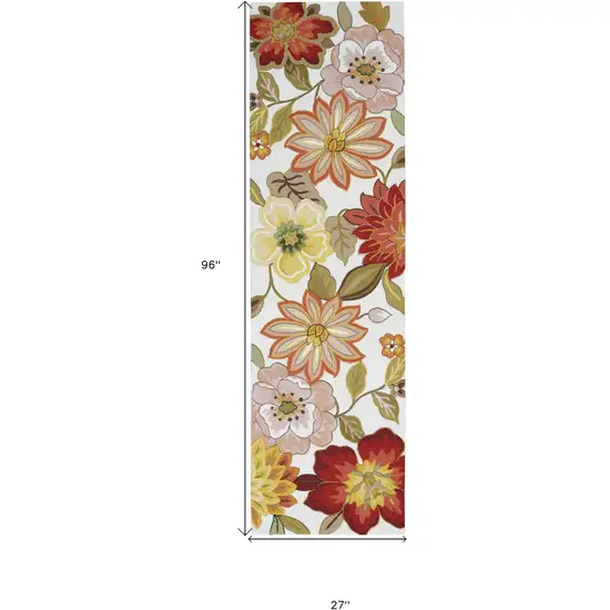 8' Ivory Red and Orange Botanical Leaves Runner Rug Photo 3