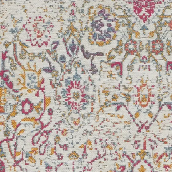 8' Ivory Red and Yellow Damask Distressed Runner Rug Photo 7