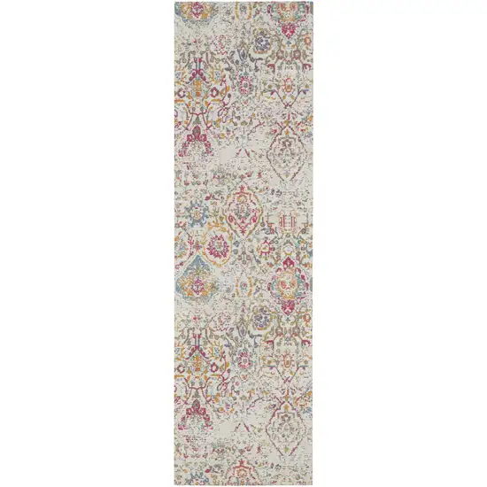 8' Ivory Red and Yellow Damask Distressed Runner Rug Photo 2