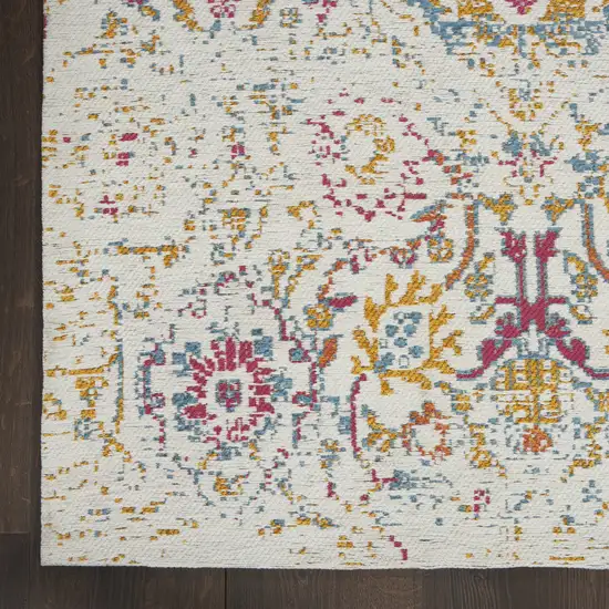 8' Ivory Red and Yellow Damask Distressed Runner Rug Photo 4