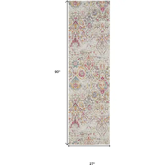 8' Ivory Red and Yellow Damask Distressed Runner Rug Photo 3