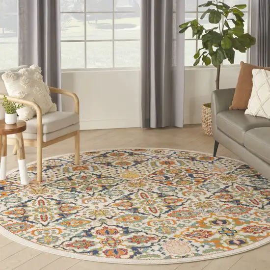 8' Ivory Round Floral Power Loom Area Rug Photo 8