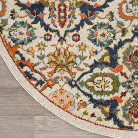 8' Ivory Round Floral Power Loom Area Rug Photo 6