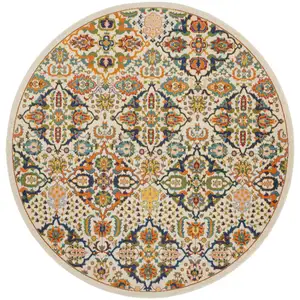 Photo of 8' Ivory Round Floral Power Loom Area Rug