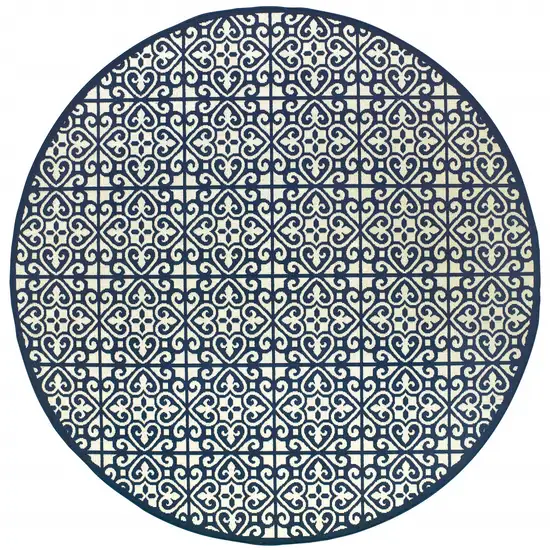 8' Ivory Round Geometric Stain Resistant Indoor Outdoor Area Rug Photo 2