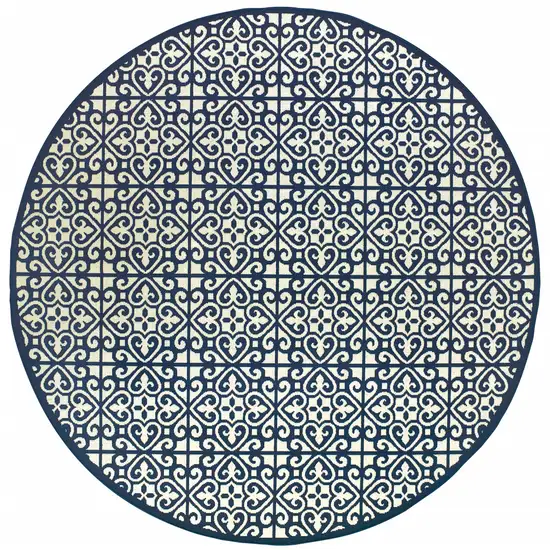 8' Ivory Round Geometric Stain Resistant Indoor Outdoor Area Rug Photo 1