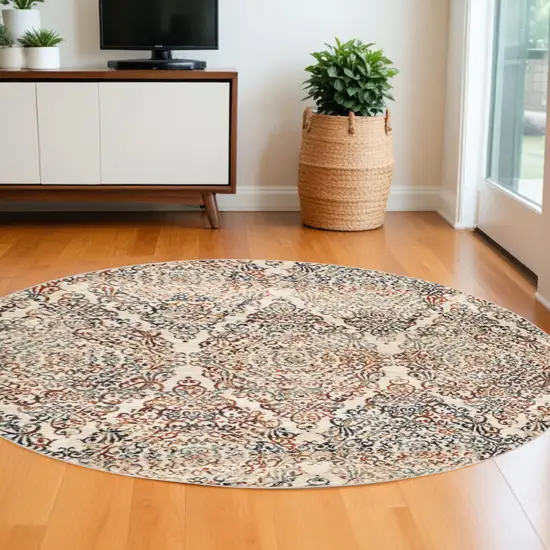 8' Ivory Round Oriental Area Rug Photo 1