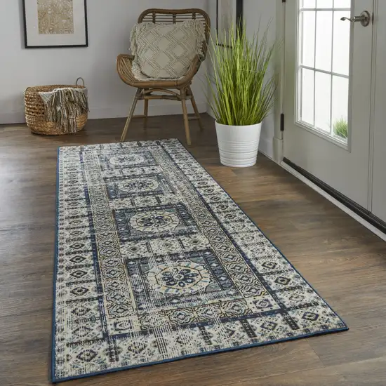 8' Ivory Tan And Blue Abstract Power Loom Distressed Stain Resistant Runner Rug Photo 5