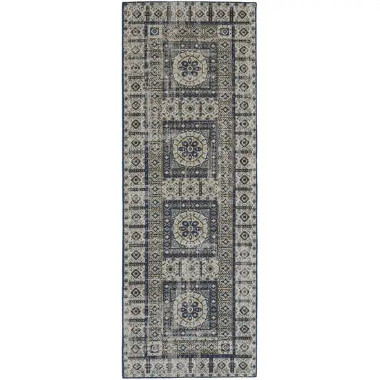 8' Ivory Tan And Blue Abstract Power Loom Distressed Stain Resistant Runner Rug Photo 1