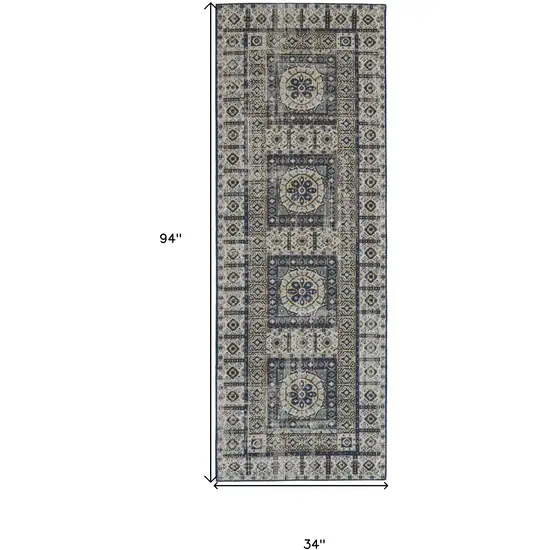 8' Ivory Tan And Blue Abstract Power Loom Distressed Stain Resistant Runner Rug Photo 7