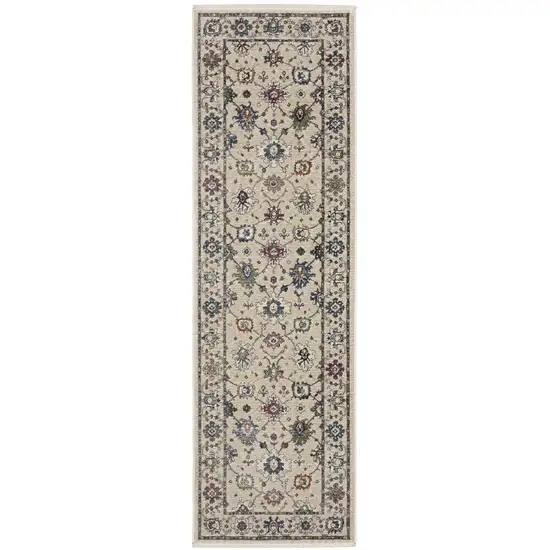 8' Ivory Tan And Blue Floral Runner Rug With Fringe Photo 4