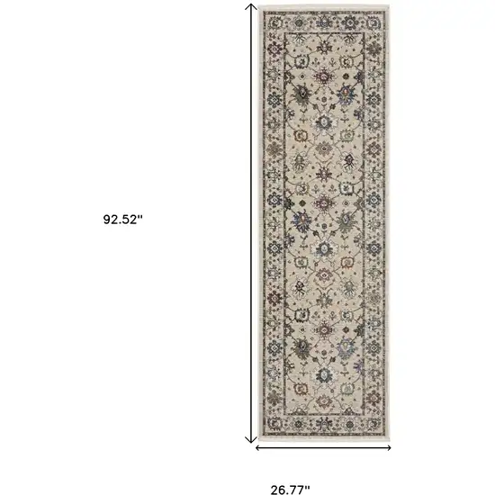 8' Ivory Tan And Blue Floral Runner Rug With Fringe Photo 3