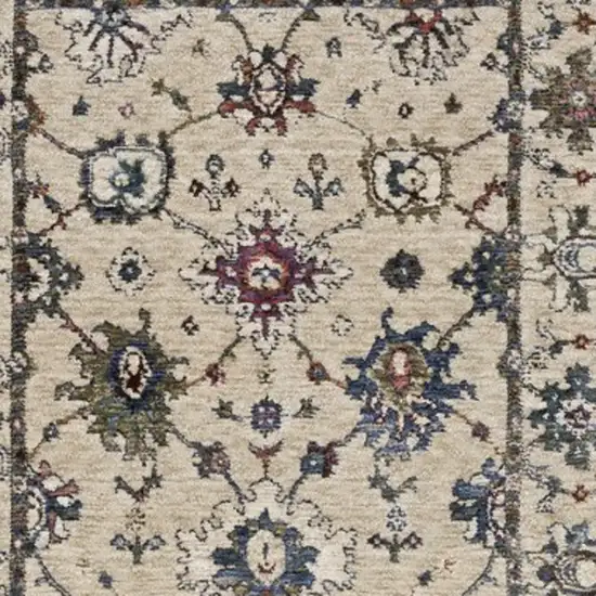 8' Ivory Tan And Blue Floral Runner Rug With Fringe Photo 8