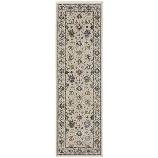 8' Ivory Tan And Blue Floral Runner Rug With Fringe Photo 2