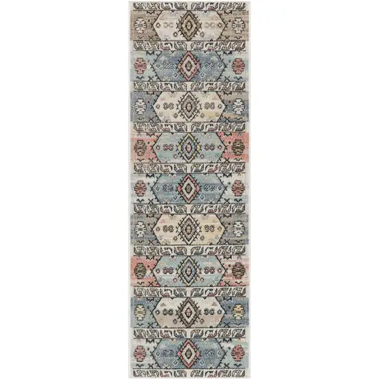 6' Ivory Tan And Blue Geometric Flatweave Runner Rug Photo 4