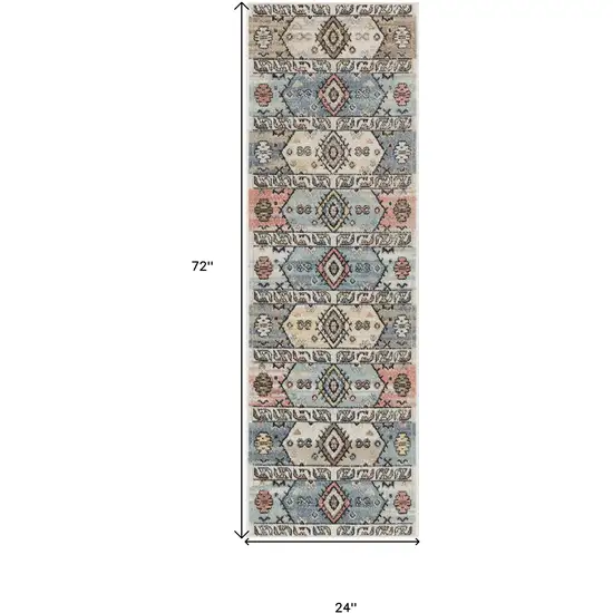 6' Ivory Tan And Blue Geometric Flatweave Runner Rug Photo 3