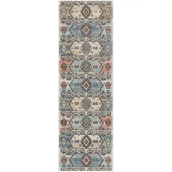 6' Ivory Tan And Blue Geometric Flatweave Runner Rug Photo 2