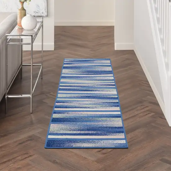 6' Ivory Tan And Blue Striped Runner Rug Photo 8