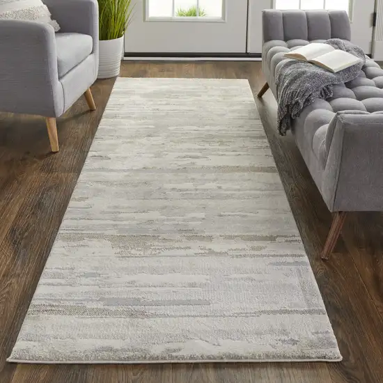 8' Ivory Tan And Brown Abstract Power Loom Distressed Stain Resistant Runner Rug Photo 4