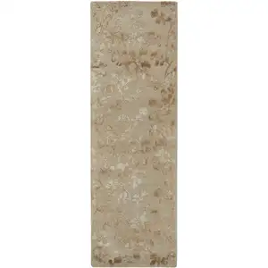 Photo of 8' Ivory Tan And Gold Wool Floral Tufted Handmade Runner Rug