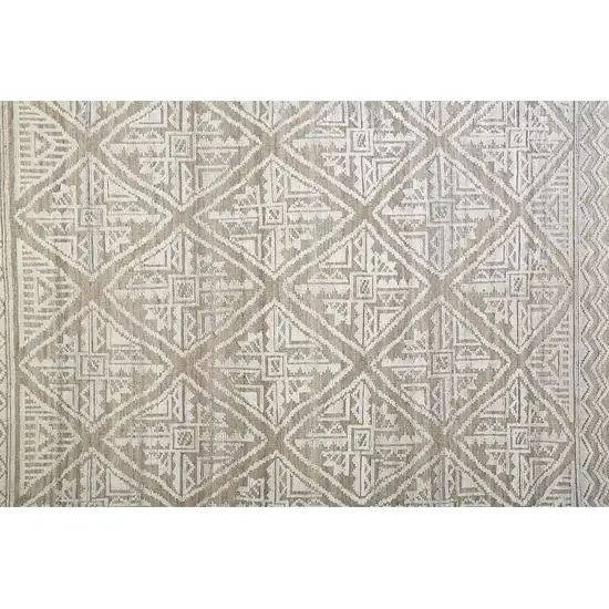 10' Ivory Tan And Gray Geometric Hand Knotted Runner Rug Photo 3