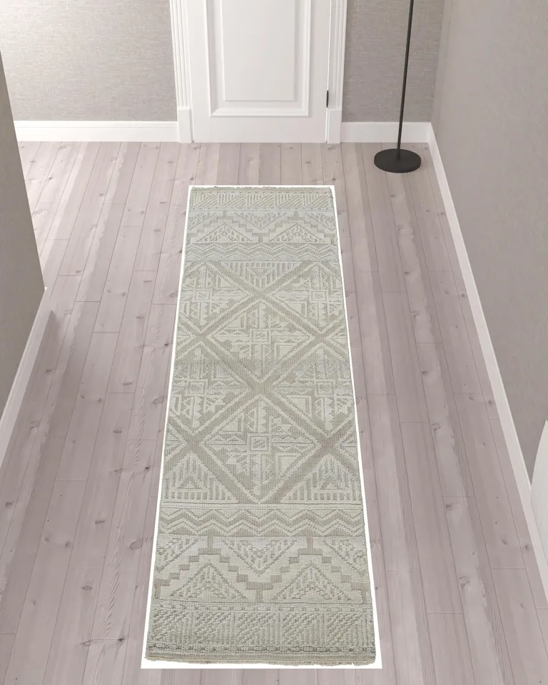 10' Ivory Tan And Gray Geometric Hand Knotted Runner Rug Photo 2