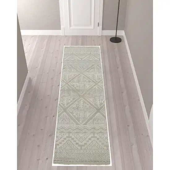 10' Ivory Tan And Gray Geometric Hand Knotted Runner Rug Photo 2