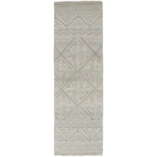 10' Ivory Tan And Gray Geometric Hand Knotted Runner Rug Photo 1