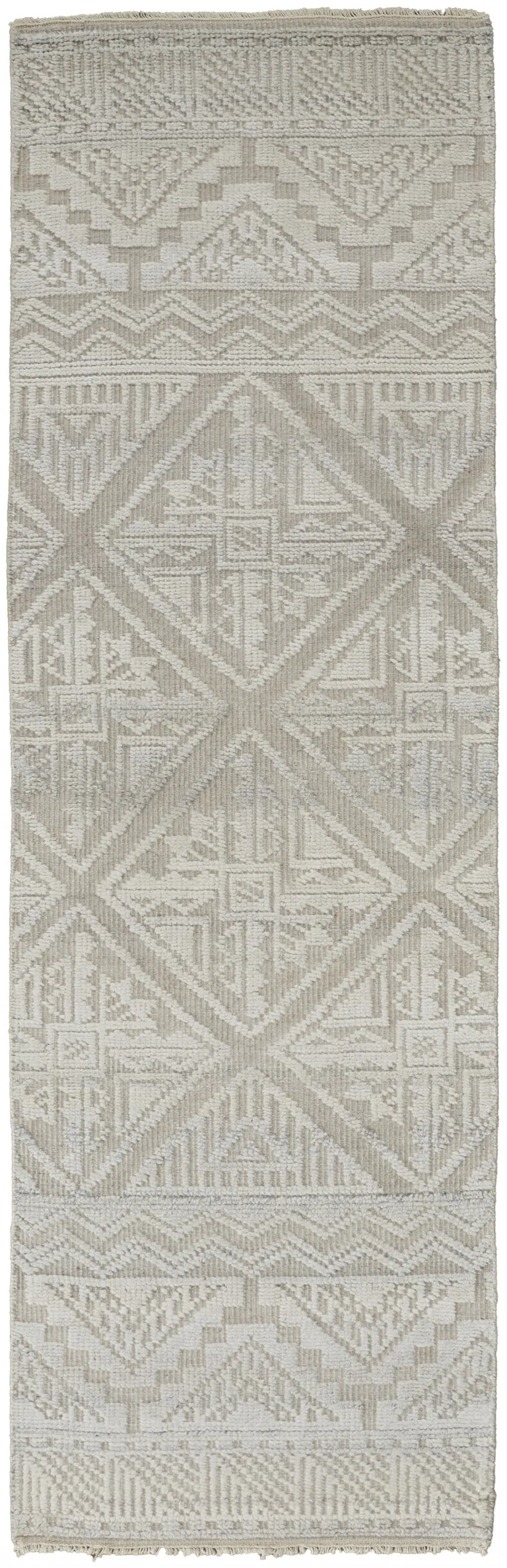 10' Ivory Tan And Gray Geometric Hand Knotted Runner Rug Photo 1