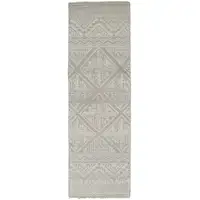 Photo of 10' Ivory Tan And Gray Geometric Hand Knotted Runner Rug