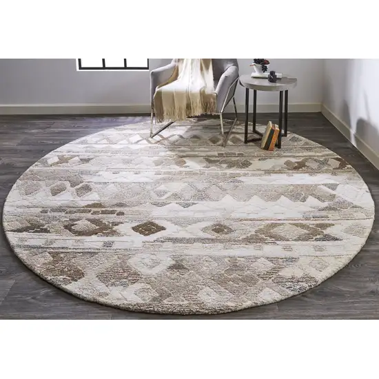 8' Ivory Tan And Gray Round Wool Abstract Tufted Handmade Area Rug Photo 5