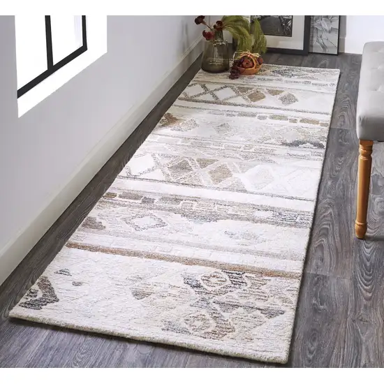 8' Ivory Tan And Gray Wool Abstract Tufted Handmade Runner Rug Photo 5