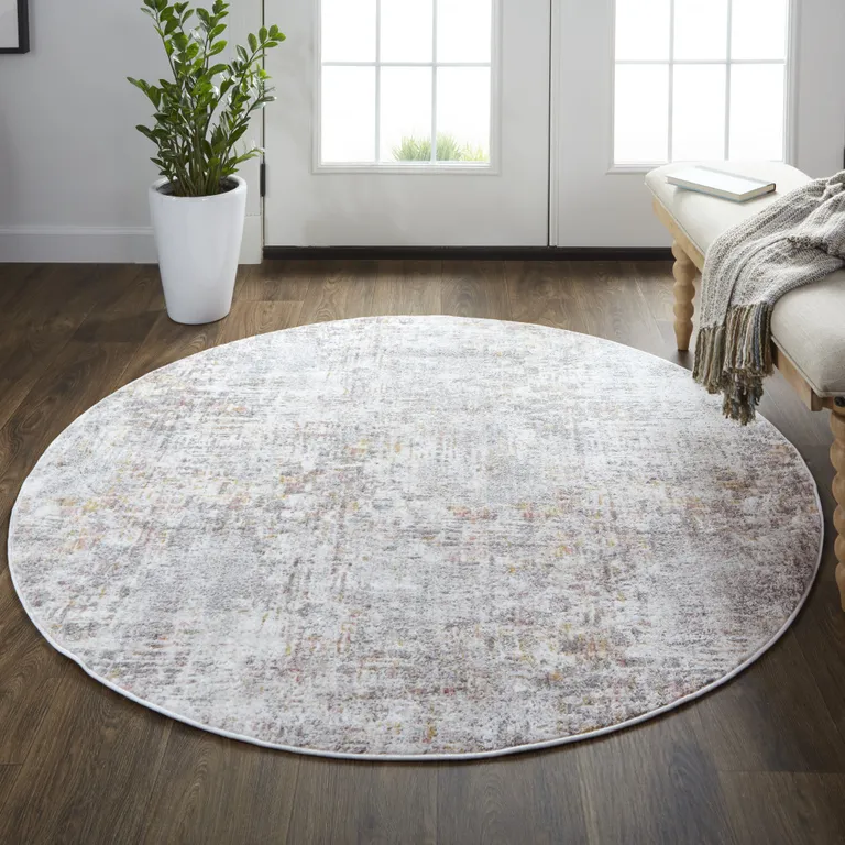 6' Ivory Tan And Taupe Round Abstract Stain Resistant Area Rug Photo 2