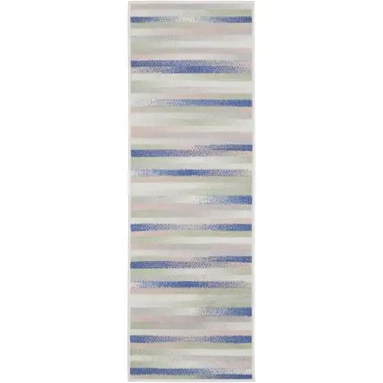 8' Ivory Tan and Blue Abstract Distressed Non Skid Runner Rug Photo 2