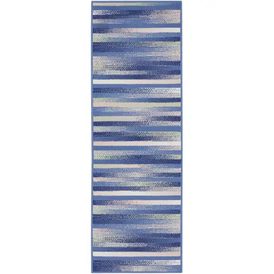 8' Ivory Tan and Blue Abstract Distressed Non Skid Runner Rug Photo 2