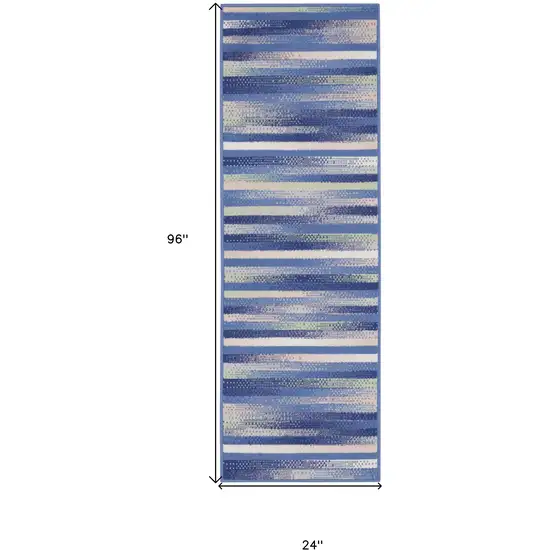 8' Ivory Tan and Blue Abstract Distressed Non Skid Runner Rug Photo 3