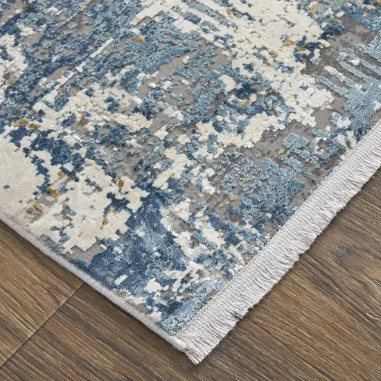 10' Ivory Tan and Blue Abstract Power Loom Runner Rug With Fringe Photo 5