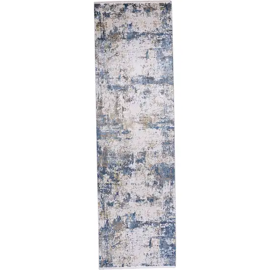 10' Ivory Tan and Blue Abstract Power Loom Runner Rug With Fringe Photo 2